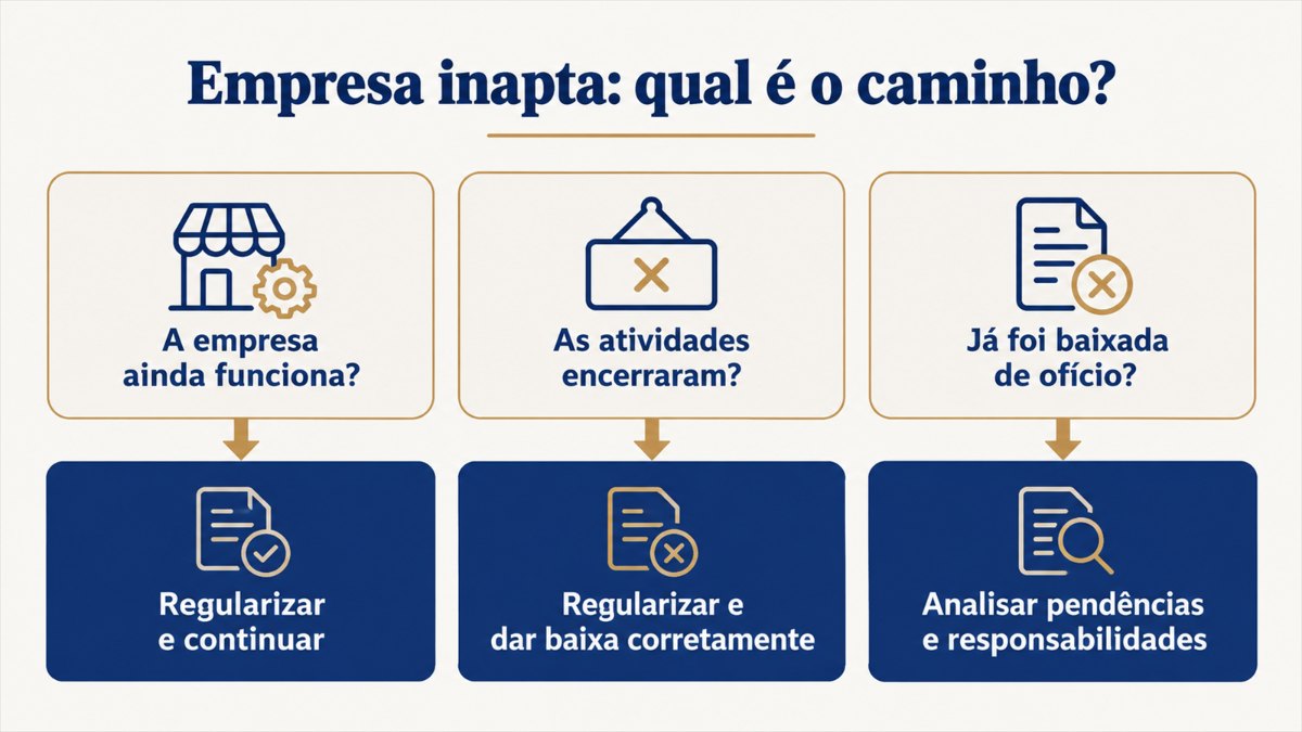 Caminhos para empresa inapta: regularizar e continuar, dar baixa corretamente ou analisar pendências